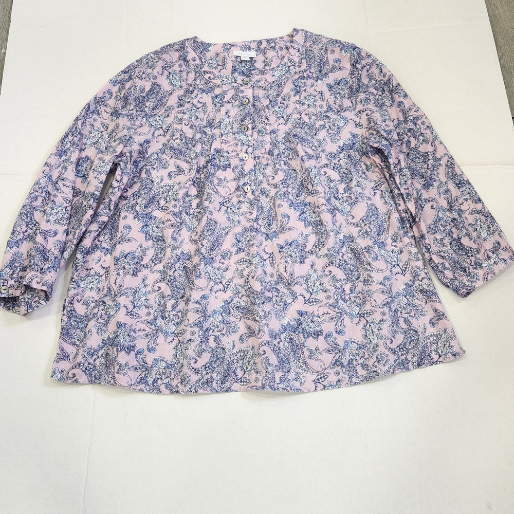 J. Jill Pink Linen Paisley Button Henley
